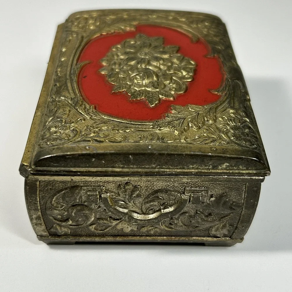 Vintage Metal Gold-tone Floral Detailed Lined Footed Trinket Jewelry Box.